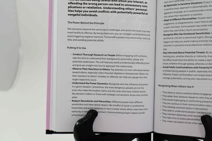 Inside view of book explaining the power behind one of the 48 laws of power, how to put it to use, and how to recognize a powerplay.